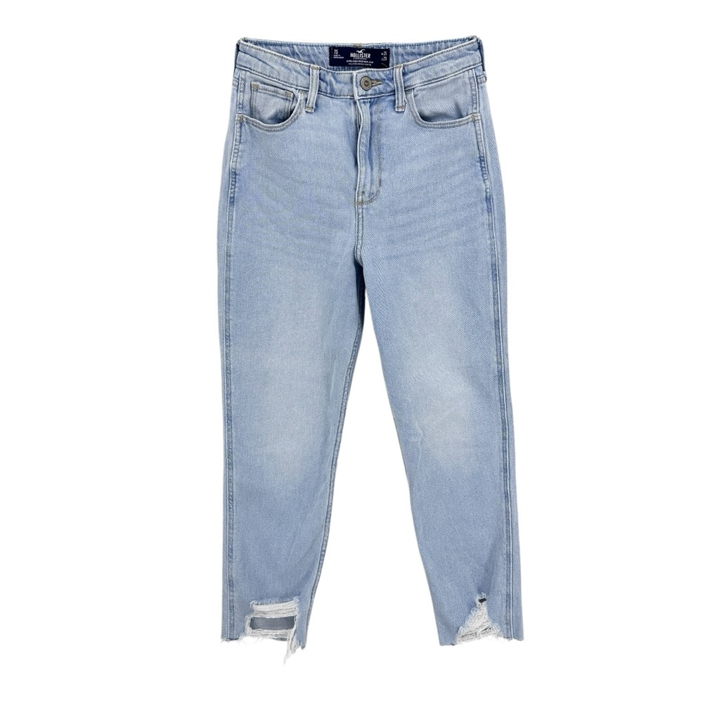 HOLLISTER Curvy High Rise Mom Jeans Distressed Cropped Light Blue